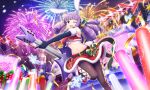  1girl animal_ears artist_request bell bikini blush breasts bunny_tail christmas christmas_present chuchu_(show_by_rock!!) drill_hair eyebrows_visible_through_hair fireworks fishnet_legwear fishnets guitar hair_bell hair_ornament instrument long_hair looking_at_viewer navel official_art one_eye_closed open_mouth purple_hair rabbit_ears santa_bikini santa_dress shiny shiny_hair show_by_rock!! smile solo swimsuit tail under_boob violet_eyes 