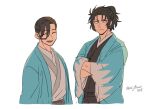  2boys :d ^_^ asaya_minoru bangs black_hair black_kimono closed_eyes closed_mouth cropped_torso eyebrows_visible_through_hair eyes_visible_through_hair facing_viewer fate/grand_order fate_(series) hair_over_one_eye hands_in_opposite_sleeves hijikata_toshizou_(fate) japanese_clothes kimono koha-ace long_sleeves male_focus multiple_boys open_clothes open_mouth ponytail red_eyes simple_background smile twitter_username upper_body white_background wide_sleeves yamanami_keisuke_(fate) 