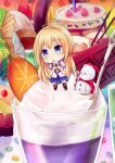  1girl absurdres bangs blonde_hair blue_eyes blue_sailor_collar blue_skirt blush bow brown_footwear brown_legwear chibi chocolate clip_studio_paint_(medium) cup drinking_glass eyebrows_visible_through_hair food fruit highres holding holding_food ice_cream ice_cream_cone in_food kneehighs long_hair looking_at_viewer minigirl mosta_(lo1777789) open_mouth orange_(food) orange_slice original pleated_skirt red_bow sailor_collar school_uniform serafuku shirt shoe_soles shoes short_sleeves skirt solo spoon very_long_hair white_shirt 