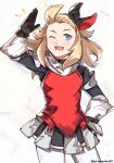  1girl ;d black_gloves blonde_hair blue_eyes bow bravely_default:_flying_fairy bravely_default_(series) cowboy_shot edea_lee flat_chest gloves graysheartart hair_bow highres long_hair one_eye_closed open_mouth red_shirt shirt smile solo white_background white_legwear 