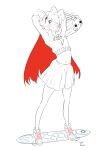  1girl absurdres arms_up blue_eyes blush cape crop_top hair_over_one_eye highres kawatsu_yuuki limited_palette midriff original pleated_skirt red_cape shirt shoes signature simple_background skateboard skirt solo white_background white_footwear white_shirt white_skirt 