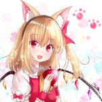  1girl animal_ears ascot bangs blonde_hair blush breasts cat_ears crystal flandre_scarlet food fruit holding holding_food holding_fruit looking_at_viewer m_ko_(maxft2) medium_breasts open_mouth paw_print puffy_short_sleeves puffy_sleeves red_eyes red_vest short_hair short_sleeves side_ponytail smile star_(symbol) touhou upper_body vest wings wrist_cuffs 