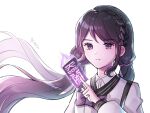  1girl bangs black_hair black_survival black_survival bow braid card frown holding holding_card hyejin_(black_survival) keinet long_sleeves purple_bow sidelocks simple_background talisman twintails upper_body violet_eyes white_background 