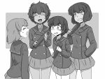  4girls bangs bob_cut buttons closed_eyes commentary crying dark_skin double-breasted eyebrows_visible_through_hair frown girls_und_panzer graduated_cylinder graduation greyscale grin hand_in_pocket highres holding hoshino_(girls_und_panzer) jacket looking_at_another miniskirt monochrome multiple_girls nakajima_(girls_und_panzer) ooarai_school_uniform open_mouth pleated_skirt red_eyes renshiu sailor_collar school_uniform short_hair skirt smile standing suzuki_(girls_und_panzer) sweatdrop tears tsuchiya_(girls_und_panzer) winter_uniform 