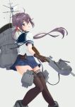  1girl adapted_turret akebono_(kancolle) bell black_legwear blue_sailor_collar blue_skirt brown_gloves cannon choker feet_out_of_frame flower gloves grey_background grey_hair hair_bell hair_flower hair_ornament highres jingle_bell kantai_collection long_hair machinery ochikata_kage pleated_skirt remodel_(kantai_collection) sailor_collar school_uniform serafuku short_sleeves side_ponytail simple_background skirt smokestack solo thigh-highs turret very_long_hair violet_eyes 