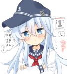  1girl anchor_symbol april_fools bangs blue_eyes blue_headwear blue_sailor_collar blush calendar_(object) crossed_arms eyebrows_visible_through_hair flat_cap flying_sweatdrops hair_between_eyes hat hibiki_(kancolle) highres hizuki_yayoi kantai_collection long_hair long_sleeves neckerchief open_mouth sailor_collar school_uniform serafuku silver_hair simple_background solo speech_bubble sweat upper_body white_background 