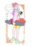  aqua_footwear bangs glasses hat highres holding_skateboard hood hood_down hoodie kawatsu_yuuki long_hair original pink_eyes pink_headwear pink_hoodie polka_dot_skirt red_skirt round_eyewear scarf shoes shorts signature skateboard skirt white_hair yellow_shorts 