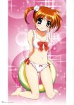  1girl absurdres bikini blue_eyes blush breasts brown_hair closed_mouth collarbone eyebrows_visible_through_hair flower full_body hair_flower hair_ornament highres kneeling looking_at_viewer lyrical_nanoha mahou_shoujo_lyrical_nanoha mahou_shoujo_lyrical_nanoha_a&#039;s official_art okuda_yasuhiro shiny shiny_hair short_hair side-tie_bikini simple_background small_breasts smile solo sparkle_background swimsuit swimwear takamachi_nanoha twintails white_bikini 