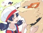  1girl animal_collar arcanine bangs black_hair closed_eyes collar collarbone commentary_request dated earrings eyebrows_visible_through_hair gen_1_pokemon hands_up hat hat_removed headwear_removed jewelry kris_(pokemon) nibo_(att_130) open_mouth overalls parted_bangs pokemon pokemon_(creature) pokemon_adventures red_shirt shirt sketch sleeves_past_elbows smile tongue translation_request twintails upper_body white_headwear |d 