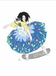  1girl absurdres backpack bag black_hair blush cat highres kawatsu_yuuki long_skirt looking_at_viewer medium_hair open_mouth original print_skirt round_eyewear shirt simple_background skateboard skirt smile solo white_background yellow_shirt 