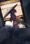  1girl bangs blurry blurry_background blurry_foreground closed_mouth depth_of_field dutch_angle furahata_gen hair_ribbon highres holding holding_pipe holding_umbrella kiseru komakusa_sannyo light_smile long_hair looking_back oil-paper_umbrella pipe profile purple_hair red_eyes red_robe ribbon smoke solo standing touhou umbrella wide_sleeves yellow_ribbon 