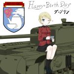  1girl ;) bangs black_footwear black_skirt blonde_hair blue_eyes boots braid character_name churchill_(tank) closed_mouth commentary_request cup darjeeling_(girls_und_panzer) emblem epaulettes girls_und_panzer ground_vehicle happy_birthday heart holding holding_cup holding_saucer jacket long_sleeves looking_at_viewer military military_uniform military_vehicle miniskirt motor_vehicle one_eye_closed pleated_skirt red_jacket saucer short_hair sitting skirt smile solo st._gloriana&#039;s_(emblem) st._gloriana&#039;s_military_uniform tank teacup tied_hair translated twin_braids uniform yunekoko 