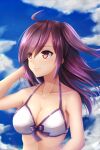  1girl absurdres ahoge bikini blue_sky breasts clouds day front-tie_bikini front-tie_top hagikaze_(kancolle) highres kantai_collection long_hair one_side_up purple_hair seiya_(iiseven) sky small_breasts smile solo swimsuit upper_body violet_eyes white_bikini 