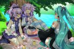  3girls :d aqua_hair azur_lane black_legwear blue_eyes boots bracelet breasts choujigen_game_neptune closed_eyes commission crossover cup d-pad d-pad_hair_ornament detached_sleeves drawstring dress eyebrows_visible_through_hair gloves grass guitar hair_ornament hair_ribbon hairclip hatsune_miku holding holding_instrument hood hood_down hooded_jacket indian_style instrument jacket javelin_(azur_lane) jewelry light_blush lindaroze long_hair long_sleeves messy_hair multiple_crossover multiple_girls neptune_(neptune_series) neptune_(series) open_mouth outdoors picnic pleated_skirt ponytail purple_hair ribbon seiza shirt single_glove sitting skirt sleeveless sleeveless_shirt smile striped striped_legwear thigh-highs tree twintails very_long_hair vocaloid white_gloves 