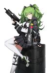  1girl bangs black_jacket black_skirt blush case cero_(last2stage) eyebrows_visible_through_hair foot_out_of_frame girls_frontline green_hair green_nails gun heart highres holding holding_gun holding_weapon jacket leaning_on_object long_hair long_sleeves looking_at_viewer m950a_(girls_frontline) mod3_(girls_frontline) nail_polish official_alternate_costume parted_lips pleated_skirt school_uniform shirt shoes simple_background skirt smile solo thigh-highs twintails weapon white_background white_footwear white_legwear white_shirt yellow_eyes 