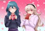  2girls alternate_costume blonde_hair blush byleth_(fire_emblem) byleth_eisner_(female) closed_eyes corrin_(fire_emblem) corrin_(fire_emblem)_(female) fire_emblem fire_emblem:_three_houses fire_emblem_fates hairband heart highres long_hair looking_at_viewer medium_hair multiple_girls patdarux pointy_ears red_eyes smile sweater valentine 