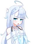  1girl ahoge amatsuka_uto annoyed bangs blue_bow blue_eyes bow dress eyebrows_visible_through_hair hair_behind_ear huge_bow indie_virtual_youtuber looking_to_the_side off-shoulder_dress off_shoulder open_mouth silver_dress silver_hair solo two_side_up upper_body virtual_youtuber white_background wing_hair_ornament yoako 