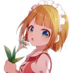  1girl :o bangs blonde_hair blue_eyes blunt_bangs commentary_request dress eyebrows_visible_through_hair flora_(genshin_impact) flower from_side genshin_impact holding holding_flower hoshino_hikari looking_at_viewer looking_to_the_side maid_headdress pink_dress shiny shiny_hair short_hair sidelocks simple_background solo upper_body white_background white_flower 