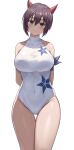  1girl absurdres arms_behind_back blush breasts character_request closed_mouth covered_navel highres horns jasony large_breasts looking_at_viewer one-piece_swimsuit red_horns simple_background smile solo souka_(tensei_shitara_slime_datta_ken) swimsuit tensei_shitara_slime_datta_ken thigh_gap thighs white_background white_swimsuit 