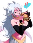  ! android_21 black_detached_sleeves black_sclera breasts colored_skin detached_sleeves dragon_ball dragon_ball_fighterz earrings eating food food_on_breasts hair_between_eyes hamburger highres hoop_earrings jewelry majin_android_21 pink_skin red_eyes ring tail tina_fate white_hair 