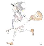  1girl absurdres bag blush bow broom brown_footwear dress hat highres kawatsu_yuuki long_sleeves original pink_bow profile purple_dress running scarf shoes shoulder_bag signature simple_background socks solo white_background white_bag witch witch_hat 