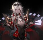  1girl absurdres bare_shoulders black_gloves crown dark_skin dark-skinned_female deluxe&lt;&lt;&lt; detached_sleeves facial_mark gloves half_gloves highres long_hair looking_at_viewer original pointy_ears red_eyes smile solo 