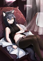  1girl absurdres animal_ear_fluff animal_ears anizi arknights bare_arms bare_shoulders black_hair black_legwear black_shirt commentary_request feet_out_of_frame food food_in_mouth grey_shorts hand_under_clothes hand_under_shirt highres midriff mouth_hold navel open_fly pantyhose pocky reclining revision shadow shirt short_shorts shorts sleeveless sleeveless_shirt solo stomach tail texas_(arknights) thighs wolf_ears wolf_tail 