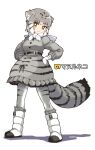  1girl :c animal_ear_fluff animal_ears animal_print bangs belt black_belt boots bright_pupils bubble_skirt cat_ears cat_girl cat_tail character_name closed_mouth dot_nose eyebrows_visible_through_hair frilled_skirt frills from_below from_side full_body fur-trimmed_boots fur-trimmed_sleeves fur_trim gloves gradient_hair grey_hair grey_legwear grey_skirt hands_on_hips high-waist_skirt high_belt japari_symbol kemono_friends kemono_friends_3 knee_boots legs_apart long_sleeves looking_at_viewer looking_to_the_side multicolored_hair pallas&#039;s_cat_(kemono_friends) pantyhose petticoat print_gloves print_legwear print_skirt puffy_long_sleeves puffy_sleeves shadow short_hair simple_background skirt solo standing striped_tail tail twitter_username two-tone_legwear v-shaped_eyebrows white_background white_footwear white_gloves white_neckwear white_pupils yamai yellow_eyes 