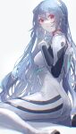  1girl :o absurdres alternate_hair_length alternate_hairstyle ass ayanami_rei bangs bodysuit breasts feet_out_of_frame from_side gloves hair_between_eyes hand_on_own_chest highres huge_filesize long_hair looking_at_viewer looking_to_the_side medium_breasts neon_genesis_evangelion oyuyu parted_lips plugsuit red_eyes silver_hair sitting skin_tight solo very_long_hair white_bodysuit white_gloves 