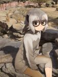 1girl brown_pants capri_pants extra_ears glasses grey_hair grey_pants grey_sweater highres kemono_friends long_sleeves looking_at_viewer meerkat meerkat_(kemono_friends) meerkat_ears meerkat_tail pants rumenia_(ao2is) short_hair sitting smile solo sweater tail turtleneck two-tone_pants two-tone_sweater