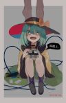  1girl bangs black_footwear black_headwear boots bow camera crying crying_with_eyes_open dated eyebrows_visible_through_hair frilled_shirt_collar frills gotoh510 green_eyes green_hair green_skirt hair_between_eyes hanged hat hat_bow highres holding holding_camera knees_up komeiji_koishi long_sleeves looking_at_viewer open_mouth polaroid scribble shirt short_hair simple_background sitting skirt solo speech_bubble tears third_eye touhou wide_sleeves yellow_bow yellow_shirt 