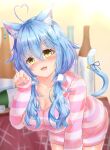  1girl :d absurdres ahoge all_fours animal_ear_fluff animal_ears bangs bell bent_over blue_hair blush breasts cat_ears cat_girl cat_tail hair_between_eyes hair_ornament hair_over_shoulder hairclip heart_ahoge highres hololive large_breasts long_hair looking_at_viewer loungewear low_twintails multicolored_hair nail_polish open_mouth paw_pose ribbon smile solo streaked_hair tail tail_bell tail_ornament tail_ribbon twintails upper_teeth virtual_youtuber yellow_eyes yukihana_lamy yukikawa_sara 
