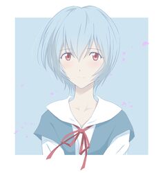  1girl ayanami_rei azuki-iro blue_background blue_hair hair_between_eyes neon_genesis_evangelion petals red_eyes school_uniform short_hair smile solo upper_body 