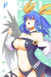  1girl 2021 asymmetrical_wings bare_shoulders belt black_panties blue_hair breasts bug butterfly center_opening choker clover collarbone dated detached_sleeves dizzy_(guilty_gear) eyebrows_visible_through_hair four-leaf_clover guilty_gear guilty_gear_x guilty_gear_xx hair_between_eyes hair_ribbon hair_rings highres huki insect large_breasts long_hair long_sleeves navel open_mouth panties puffy_long_sleeves puffy_sleeves red_eyes ribbon simple_background solo stomach tail teeth thigh-highs thigh_strap thighs twintails underwear wings yellow_ribbon 