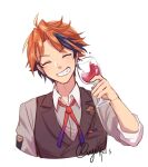  1boy ^_^ alcohol artist_name closed_eyes collared_shirt cup drinking_glass english_commentary grey_shirt grey_vest head_tilt highres holding holding_cup holostars male_focus mole mole_under_eye multicolored_hair orange_hair purple_hair shirt smile solo streaked_hair upper_body vest virtual_youtuber vyolfers white_background wine wine_glass yukoku_roberu 