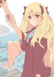  1boy 1girl bangs blonde_hair bow command_spell ears ereshkigal_(fate) eyebrows_visible_through_hair fate/grand_order fate_(series) feet fingernails fujimaru_ritsuka_(male) hair_bow hair_ornament holding_hands in_water jacket long_hair myameco nose onsen parted_bangs red_bow red_eyes red_jacket rock smile toes twintails very_long_hair water 