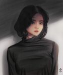  apoloniodraws black_eyes black_hair black_shirt breasts curly_hair looking_at_viewer shadow shirt short_hair signature 