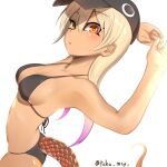  1girl armpits arms_behind_head arms_up back baseball_cap bikini black_bikini black_swimsuit blonde_hair breasts collarbone eyebrows_visible_through_hair fisheye from_side hair_between_eyes hat highres kashisu_mint kemono_friends king_cobra_(kemono_friends) long_hair looking_at_viewer medium_breasts multicolored multicolored_eyes multicolored_hair orange_eyes own_hands_together parted_lips pink_hair red_eyes shiny shiny_skin sidelocks skindentation snake_tail solo stomach strap_gap stretch swimsuit tail tail_through_clothes tan tongue tongue_out twisted_torso twitter_username two-tone_hair yellow_eyes 