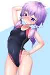  1girl absurdres arm_behind_head arm_up black_swimsuit breasts commentary_request competition_swimsuit cowboy_shot embarrassed hand_on_hip highleg highleg_swimsuit highres low_twintails maretto one-piece_swimsuit purple_hair short_hair_with_long_locks small_breasts solo swimsuit twintails two-tone_background violet_eyes vocaloid voiceroid yuzuki_yukari 