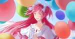  1girl arm_at_side backlighting balloon blue_background blurry blurry_background choker clenched_hand clothes_lift clothing_cutout collarbone dot_nose eyebrows_visible_through_hair facing_viewer flat_chest floating_hair frilled_sleeves frills gloves goddess_madoka hair_ribbon half-closed_eyes hand_up kaname_madoka laughing light_blush long_hair looking_afar mahou_shoujo_madoka_magica mumei_(2183942) open_mouth outdoors pink_hair ribbon round_teeth simple_background solo straight_hair tareme teeth two_side_up upper_body upper_teeth very_long_hair white_choker white_gloves white_neckwear white_ribbon wide_sleeves yellow_eyes 