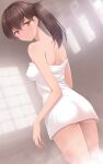  1girl absurdres ass azuki-iro breasts brown_eyes brown_hair covered_nipples dutch_angle from_behind highres kaga_(kancolle) kantai_collection looking_back medium_breasts naked_towel side_ponytail solo steam towel window 