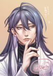 1boy absurdres blue_eyes chibi chibi_inset highres hypnosis_mic izanami_hifumi jinguuji_jakurai kannonzaka_doppo long_hair male_focus portrait purple_hair rei_(islaya) solo translation_request turtleneck wavy_mouth