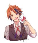  1boy alcohol artist_name collared_shirt cup drinking_glass english_commentary fangs grey_shirt grey_vest head_tilt highres holding holding_cup holostars male_focus mole mole_under_eye multicolored_hair open_mouth orange_hair purple_hair shirt smile solo streaked_hair upper_body vest virtual_youtuber vyolfers white_background wine wine_glass yukoku_roberu 