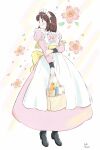  1girl absurdres apron bangs black_footwear bow bread brown_hair dress flower food frilled_apron frills full_body highres kawatsu_yuuki long_sleeves maid_headdress original pink_bow pink_dress pink_flower pink_neckwear shoes short_hair signature solo standing white_apron 