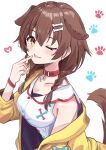  1girl :p absurdres anbasa_(amaneyuz13) animal_collar animal_ears bangs blush bone_hair_ornament braid breasts brown_eyes brown_hair buttons cartoon_bone collar dog_ears dog_girl dog_tail dress hair_between_eyes hair_ornament hairclip heart highres hololive inugami_korone jacket long_hair looking_at_viewer low_twin_braids off_shoulder paw_print red_collar short_dress smile solo tail tongue tongue_out twin_braids virtual_youtuber white_background white_dress yellow_jacket 