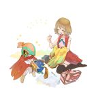  1girl bangs bare_arms blue_ribbon blush box brown_legwear closed_eyes collarbone commentary_request eraser eyebrows_visible_through_hair eyelashes gen_6_pokemon harvest88 hawlucha highres holding light_brown_hair neck_ribbon needle open_mouth paper pencil pokemon pokemon_(anime) pokemon_(creature) pokemon_xy_(anime) ribbon serena_(pokemon) sewing_needle short_hair sitting sleeveless_duster smile sparkle thigh-highs wariza 