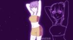  1girl afterimage alternate_costume armpits arms_up artist_name bandeau bangs bare_shoulders bernadetta_von_varley breasts cirno_vevo commentary cowboy_shot fire_emblem fire_emblem:_three_houses highres me!me!me! medium_breasts midriff navel parody purple_background purple_hair short_hair_with_long_locks shorts smile solo standing stomach strapless tubetop twitter_username violet_eyes 