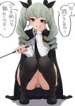  1girl alternate_legwear anchovy_(girls_und_panzer) anzio_school_uniform bangs black_cape black_footwear black_legwear black_neckwear black_ribbon black_skirt brown_eyes cape commentary crotch_seam dress_shirt drill_hair frown full_body girls_und_panzer green_hair grey_panties hair_ribbon head_rest highres holding kakimoto_nao loafers long_hair long_sleeves looking_at_viewer miniskirt necktie open_mouth panties pantyshot pleated_skirt red_eyes ribbon riding_crop school_uniform shadow shirt shoes skirt solo squatting thigh-highs translated twin_drills twintails underwear white_shirt wing_collar 