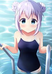  1girl alternate_hairstyle blue_eyes blue_hair blue_swimsuit commentary_request competition_school_swimsuit cowboy_shot double_bun gochuumon_wa_usagi_desu_ka? hair_ornament highres inakami kafuu_chino light_blue_hair long_hair looking_at_viewer pool_ladder school_swimsuit soaking_feet solo swimsuit water x_hair_ornament 