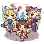  3girls :3 alternate_eye_color animal_ear_fluff animal_ears bamboo bangs bare_legs bare_shoulders bell black_shorts blonde_hair blue_dress blue_eyes blush bow braid breasts brick_road cat_ears cat_tail chen chibi china_dress chinese_clothes clouds dress ear_covers elbow_gloves eyebrows_visible_through_hair eyeshadow fan fishnet_gloves fishnet_legwear fishnets folding_fan fox_ears fox_tail garter_straps gloves green_headwear hat holding holding_fan ibaraki_natou jingle_bell lantern leg_up legs long_hair long_sleeves looking_at_viewer makeup mob_cap mountainous_horizon multiple_girls multiple_tails one_eye_closed open_mouth pagoda paper_lantern parted_lips pink_bow pink_ribbon purple_headwear red_eyes ribbon short_hair short_sleeves shorts side_slit sleeves_past_fingers sleeves_past_wrists smile standing standing_on_one_leg tail thigh-highs touhou twitter_username two-tone_shirt two_tails violet_eyes walking wide_sleeves yakumo_ran yakumo_yukari 